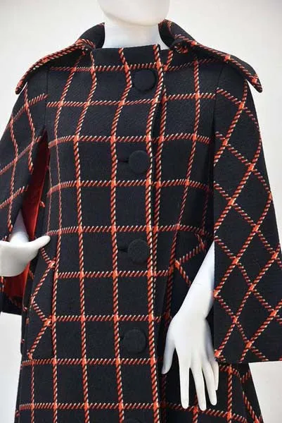 1970s Pauline Trigere Black and Red Plaid Wool Cape and Skirt