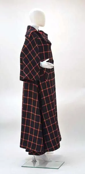 1970s Pauline Trigere Black and Red Plaid Wool Cape and Skirt