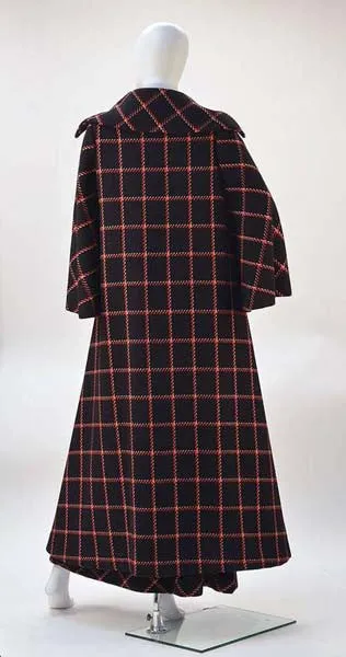 1970s Pauline Trigere Black and Red Plaid Wool Cape and Skirt