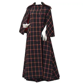 1970s Pauline Trigere Black and Red Plaid Wool Cape and Skirt