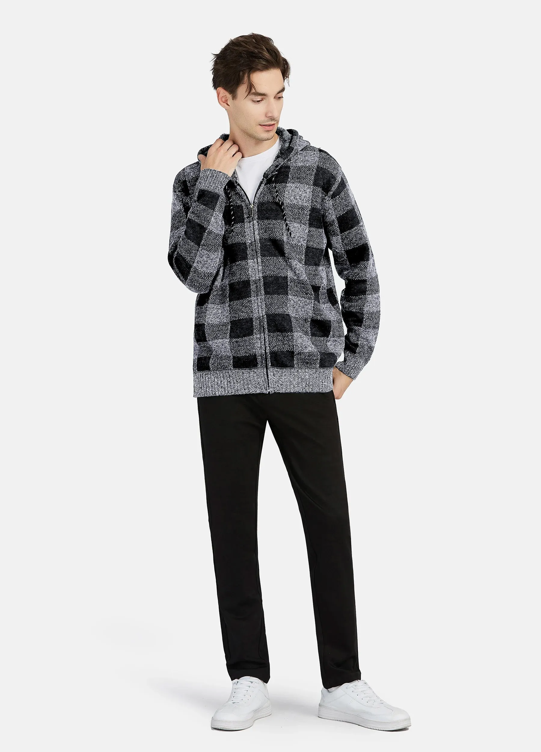 1PA1 Men's Zip Up Fleece Hooded Plaid Jacket Casual Hoodie Sweatshirt Coat