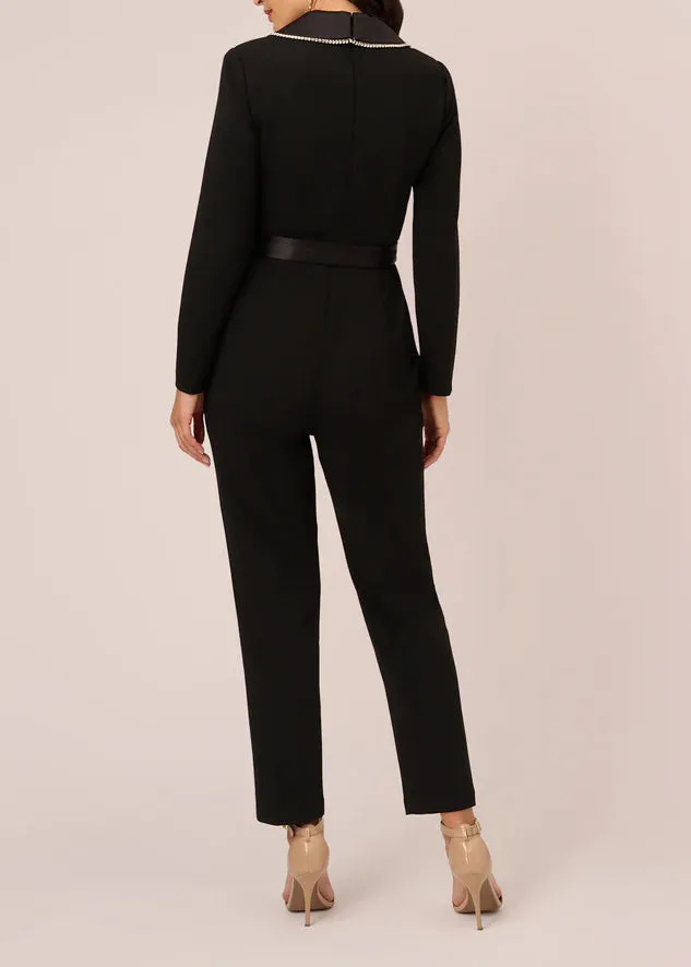 Adrianna Papell surplice neck long sleeve embellished collar tie waist zipper closure knit crepe jumpsuit