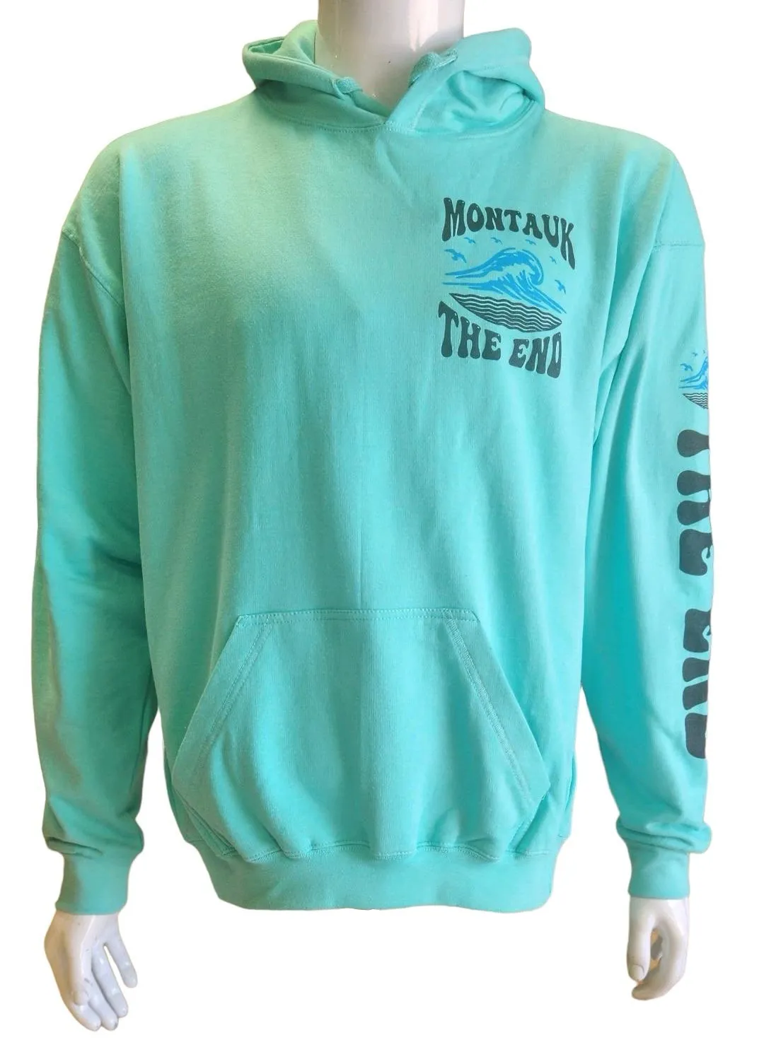 Adult Unisex Screen Printed Montauk The End Big Wave Hooded Pullover