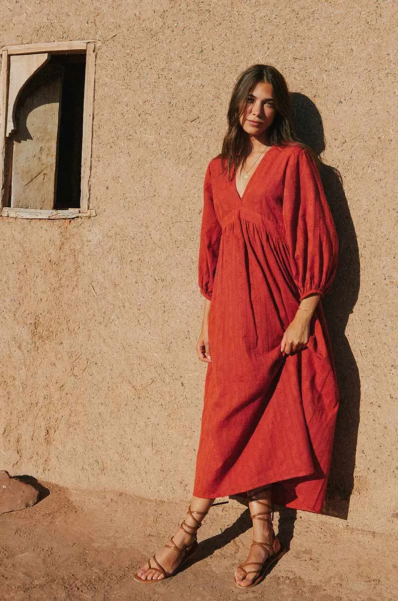 ALMA Midi Dress - warm red cotton