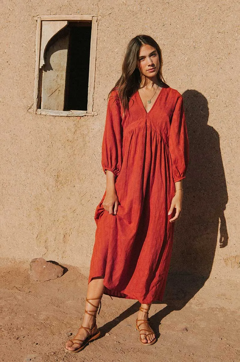 ALMA Midi Dress - warm red cotton