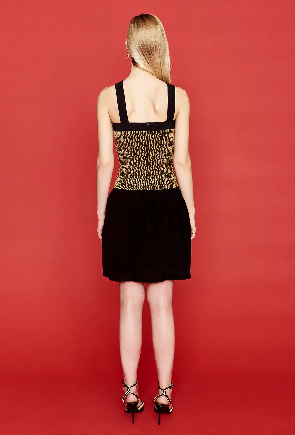 Amie - Gold and Black Halter Top with Stretch Velour Velvet Skirt