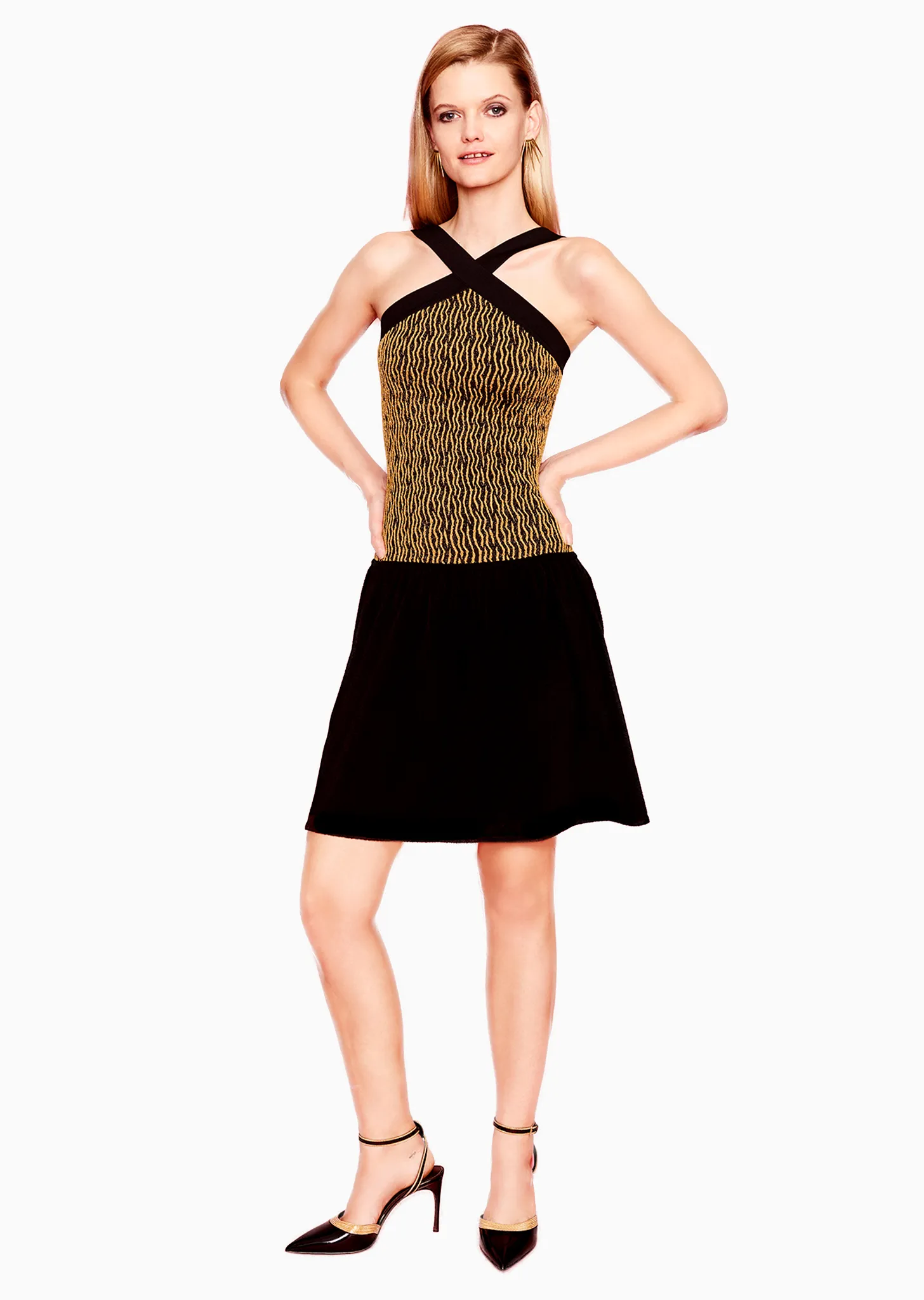 Amie - Gold and Black Halter Top with Stretch Velour Velvet Skirt