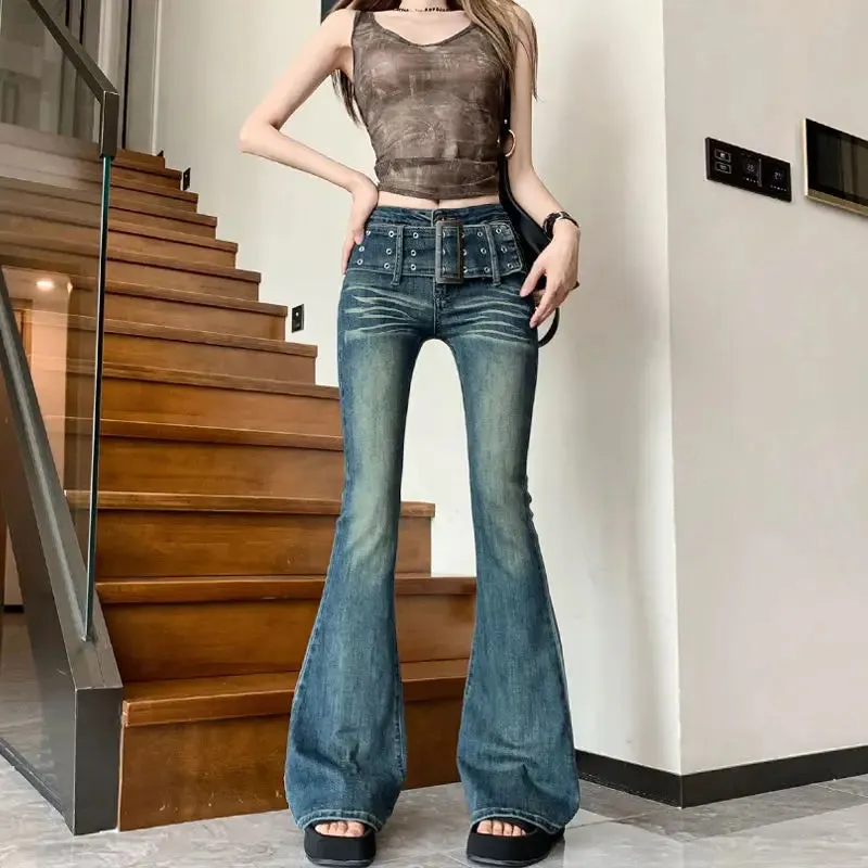 Amozae-Flared Jeans Belt Gradient High Waist Washed Distressed American Style Retro Straight Loose Jeans Harajuku Y2k Hot Girl Trousers