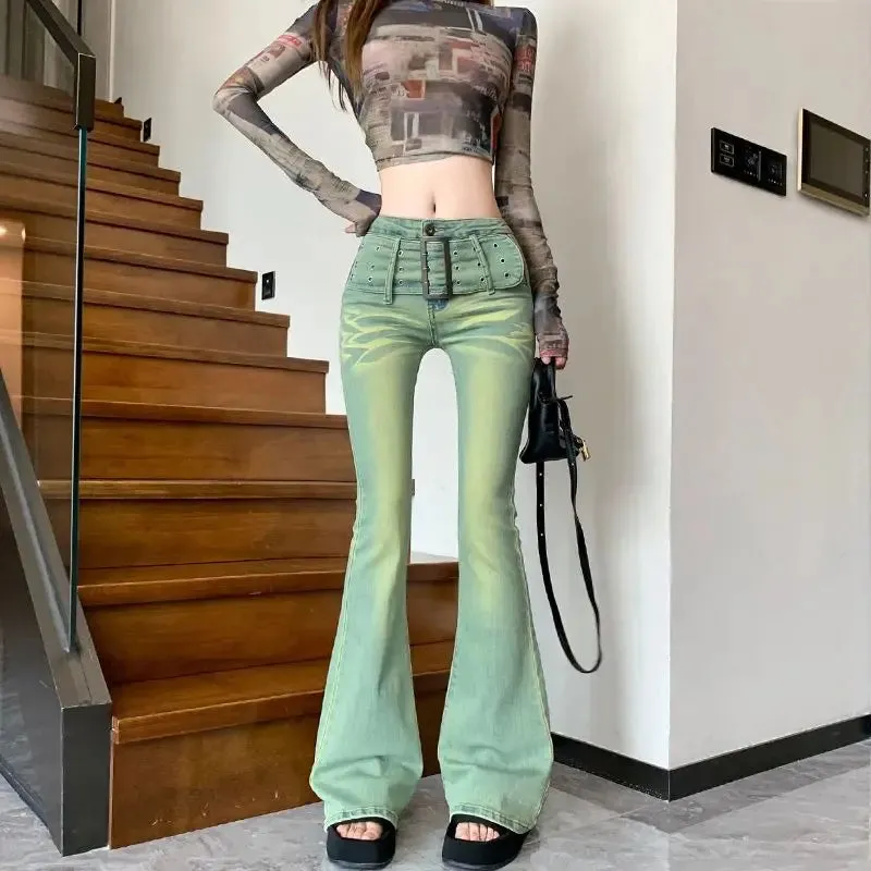 Amozae-Flared Jeans Belt Gradient High Waist Washed Distressed American Style Retro Straight Loose Jeans Harajuku Y2k Hot Girl Trousers