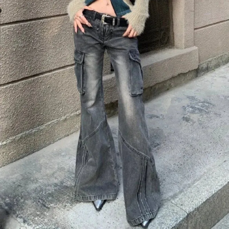 Amozae-Grey Pocket Design American Low Waist Workwear Jeans for Women Vintage Clothes Loose Spicy Girl Straight Leg Flared Cargo Pants