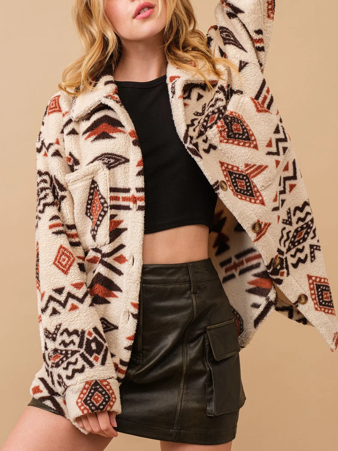 Aztec Button Up Long Sleeve Sherpa Jacket