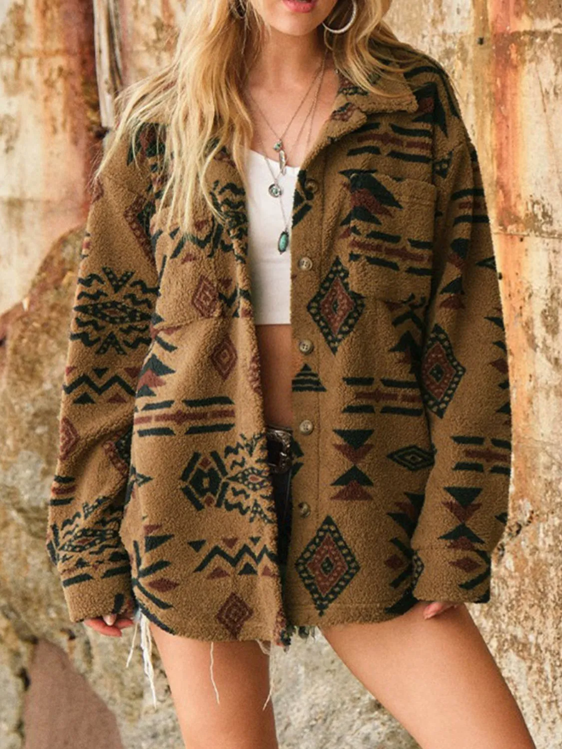 Aztec Button Up Long Sleeve Sherpa Jacket