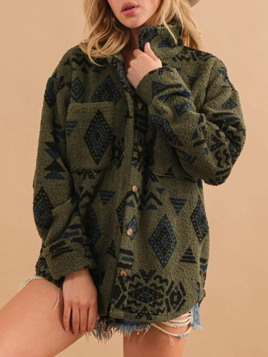 Aztec Button Up Long Sleeve Sherpa Jacket