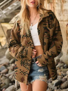 Aztec Button Up Long Sleeve Sherpa Jacket