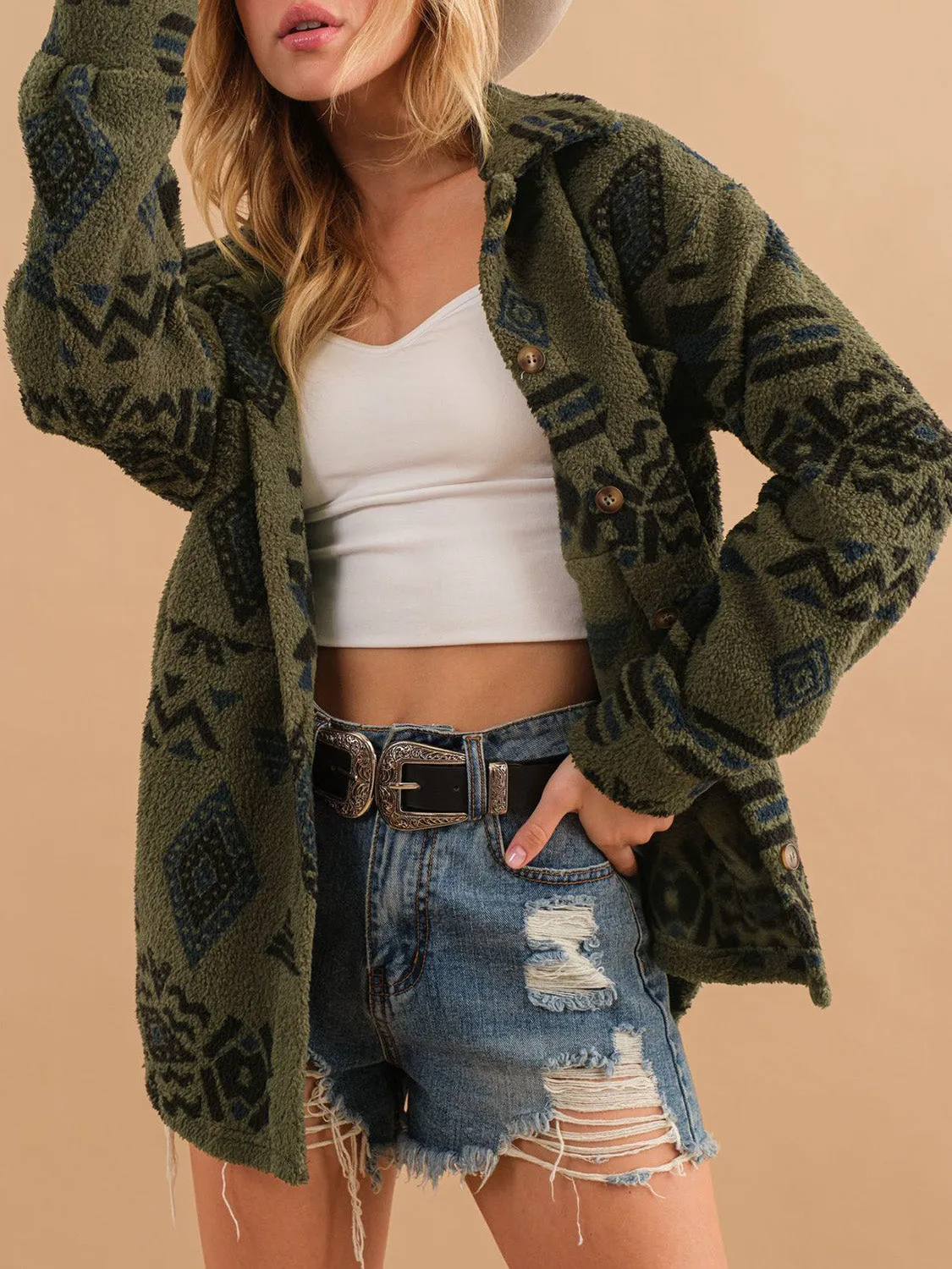 Aztec Button Up Long Sleeve Sherpa Jacket