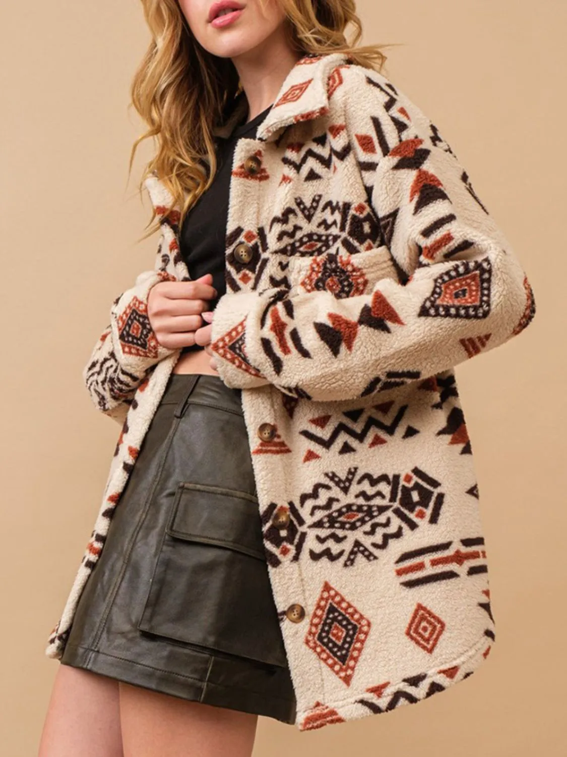 Aztec Button Up Long Sleeve Sherpa Jacket