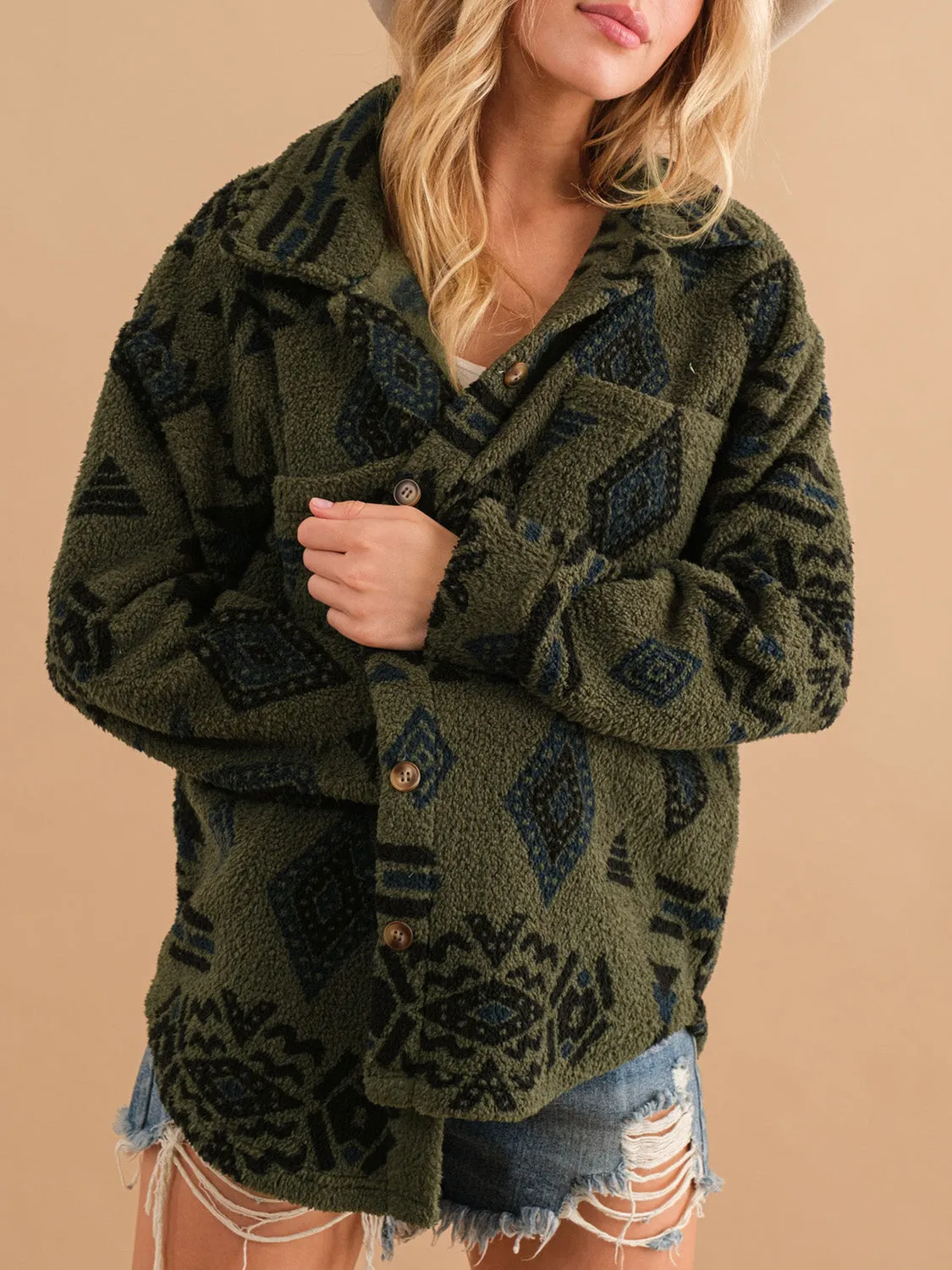 Aztec Button Up Long Sleeve Sherpa Jacket