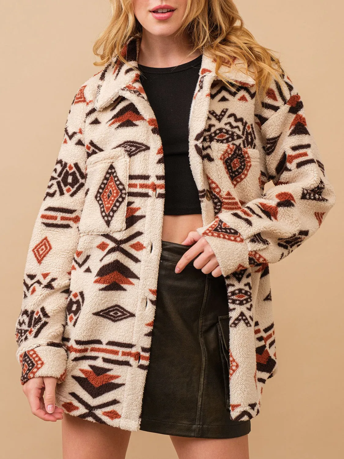 Aztec Button Up Long Sleeve Sherpa Jacket