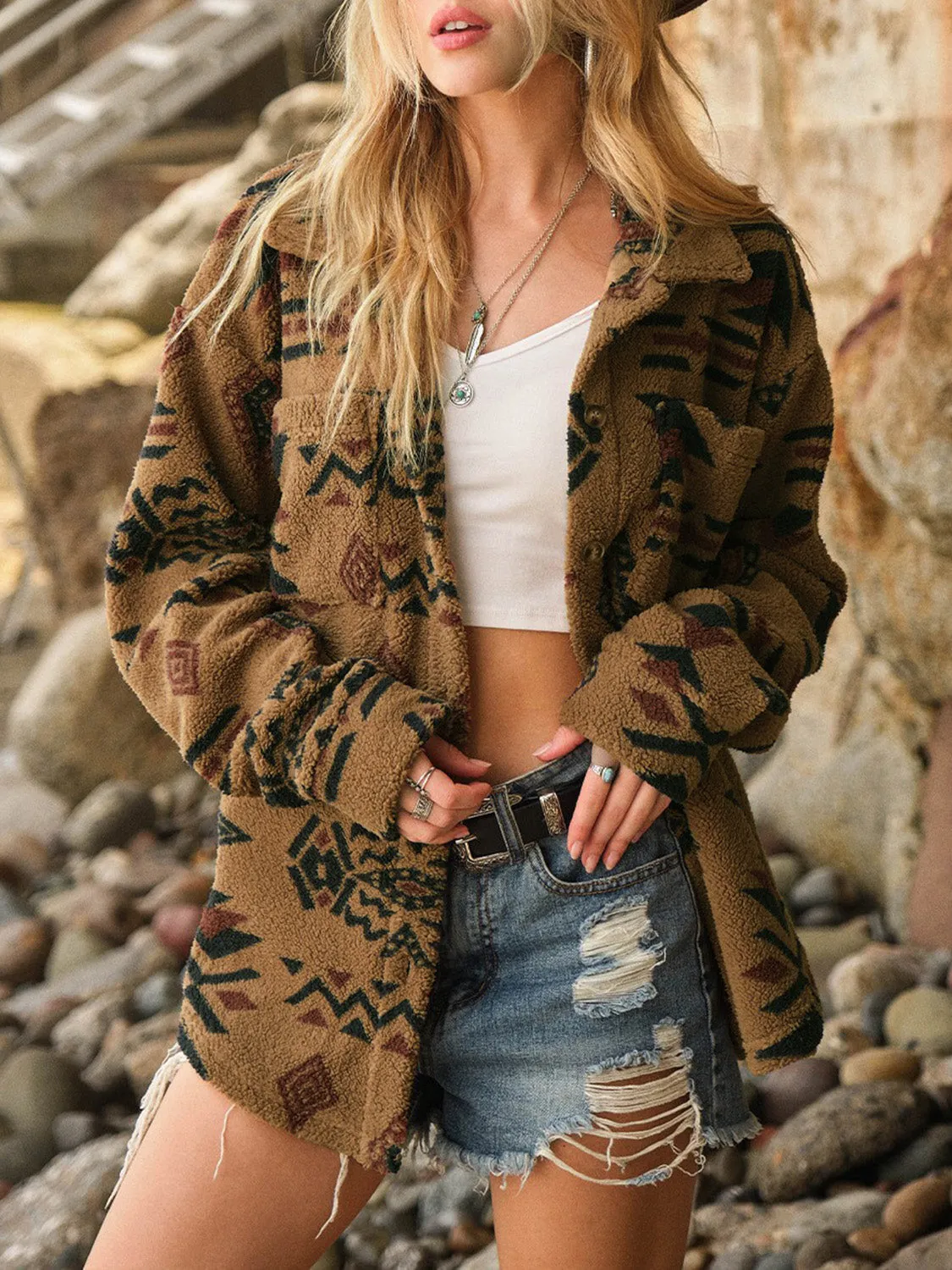 Aztec Button Up Long Sleeve Sherpa Jacket