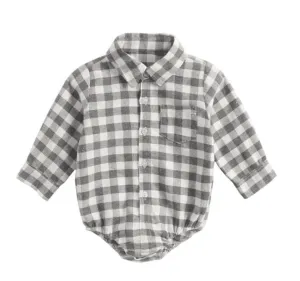 Baby Boys Plaid Check Shirt Romper  - Grey & White