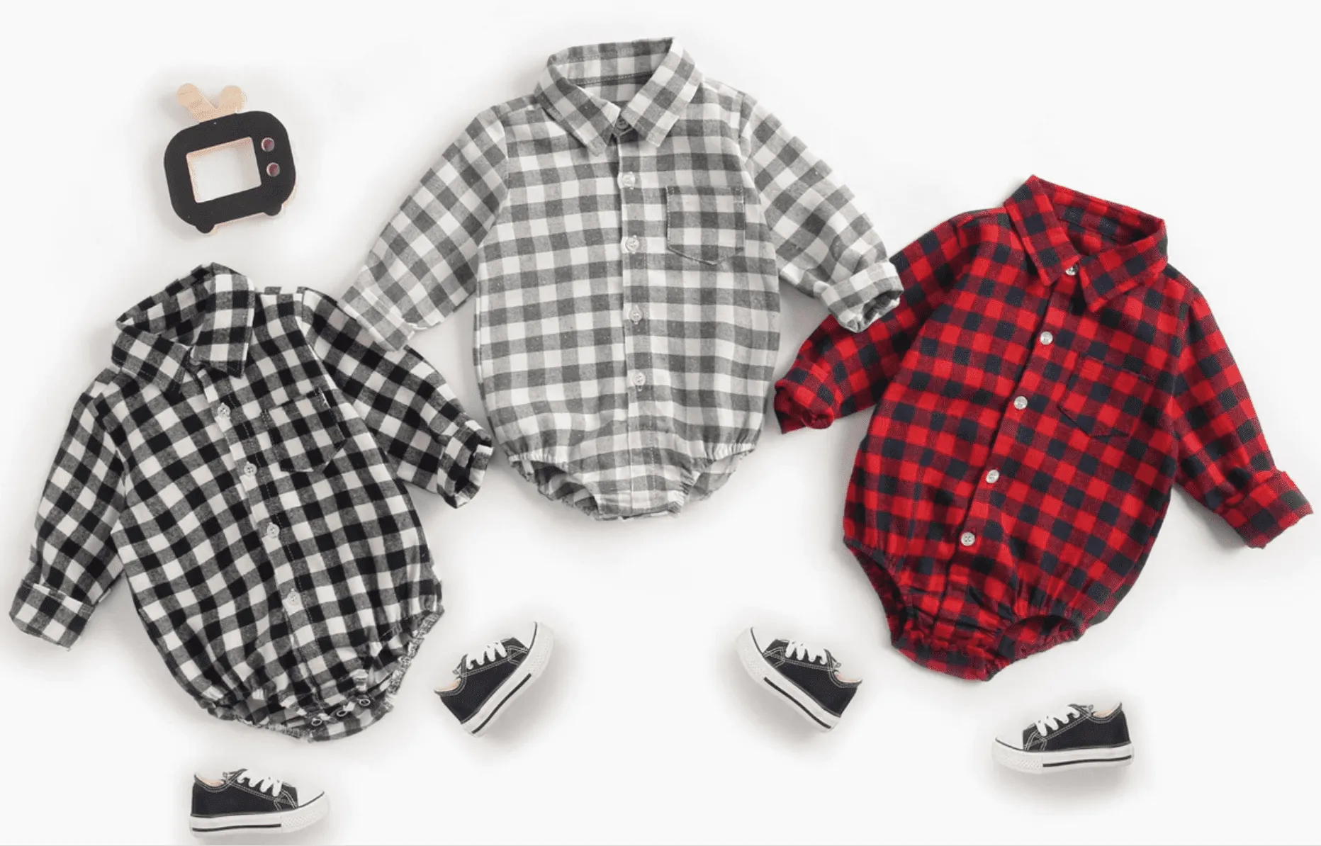 Baby Boys Plaid Check Shirt Romper  - Grey & White