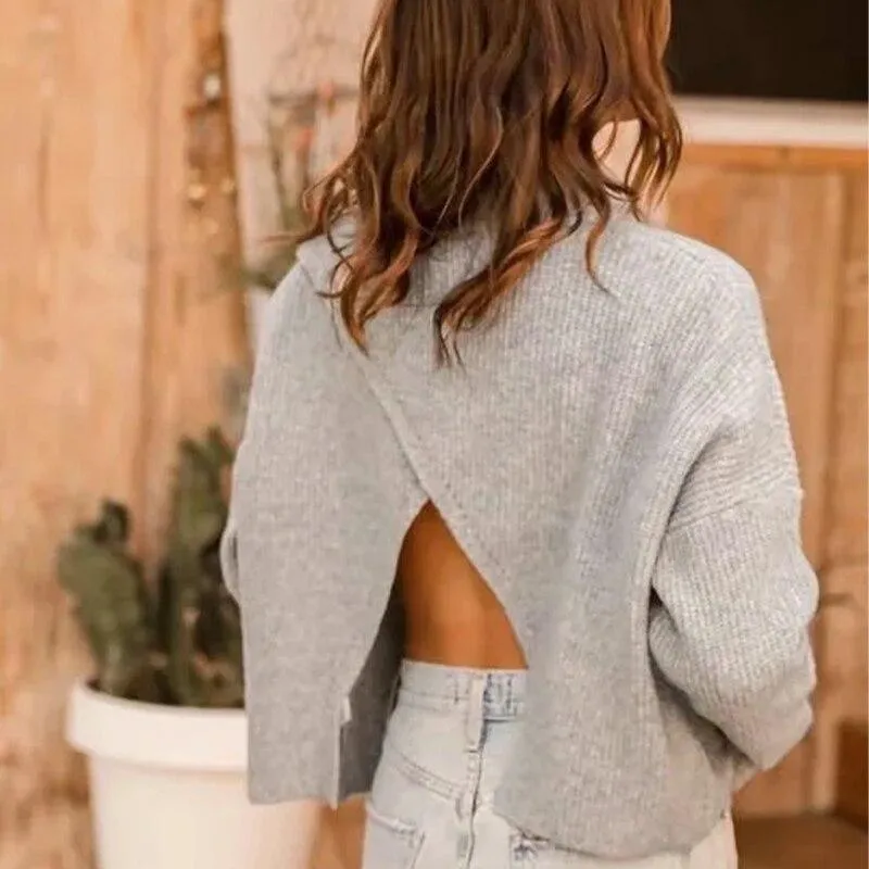 Backless Knitted Pullovers Long Sleeve Sweater