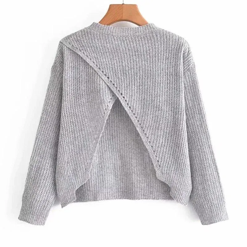 Backless Knitted Pullovers Long Sleeve Sweater