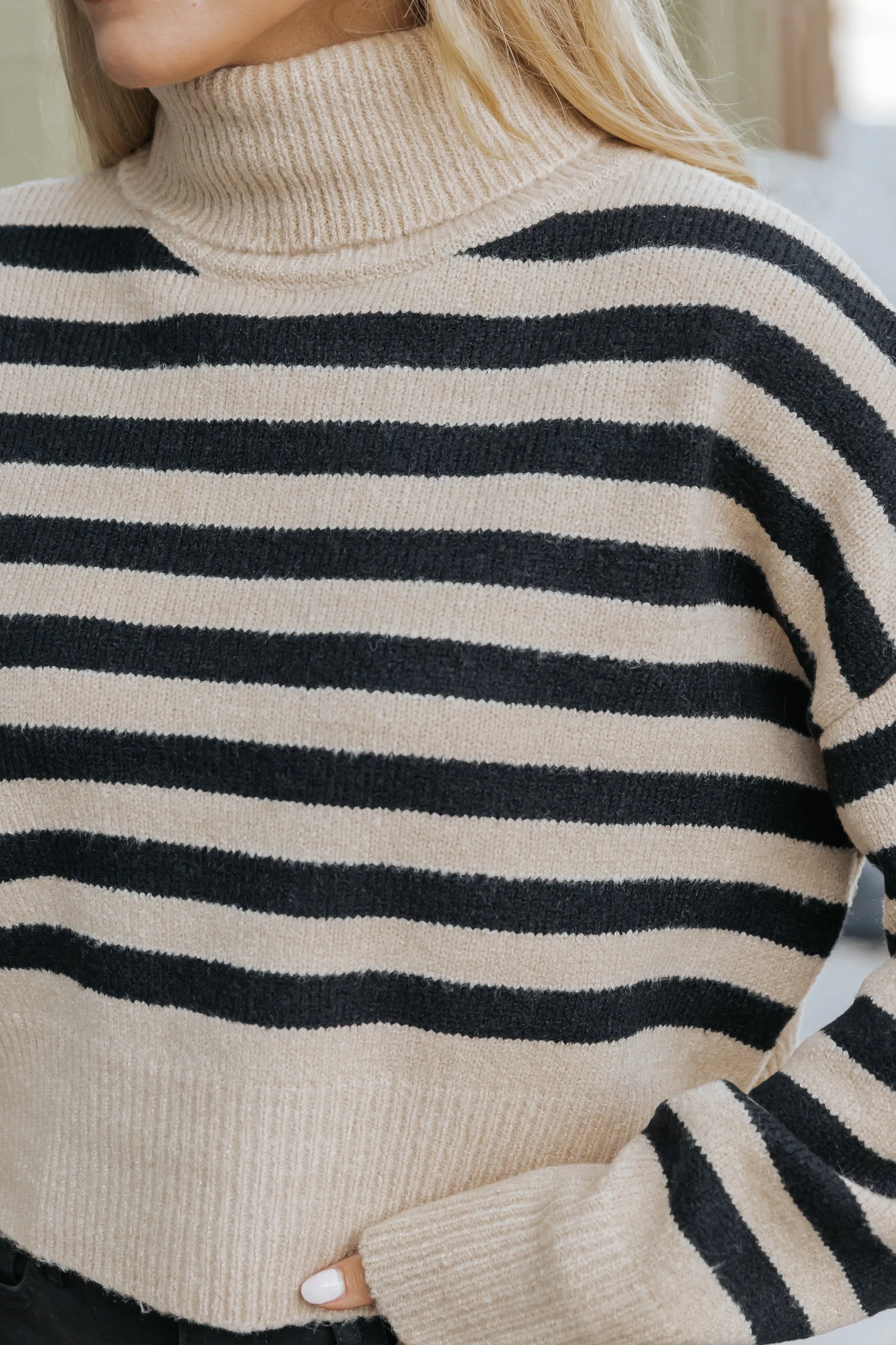 Beige and Black Striped Turtleneck Sweater