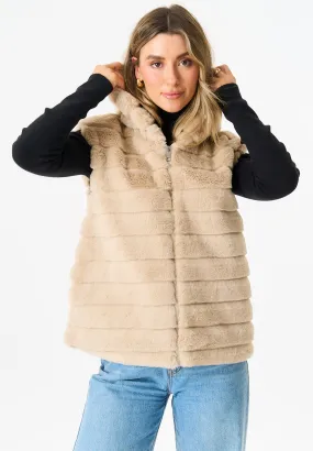 Beige Zip Front Hooded Fur Gilet