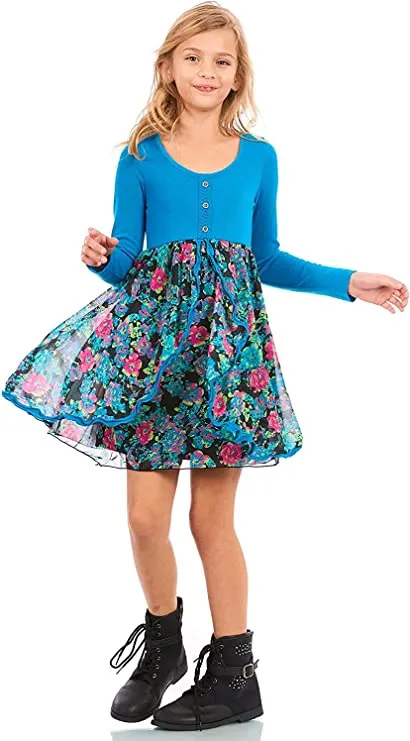 Big Girls Long Sleeve Floral Print Mini Dress