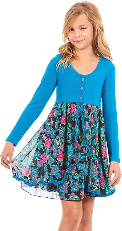 Big Girls Long Sleeve Floral Print Mini Dress