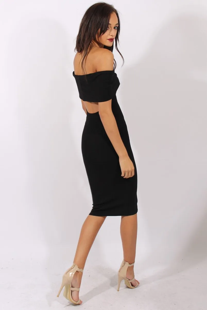 Black Bardot Frill Open Back Midi Dress - Trish