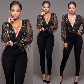 Black Deep V-neck Sequins Tassel Long Sleeve  Sexy Jumpsuit