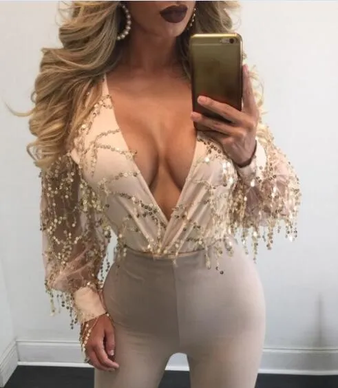 Black Deep V-neck Sequins Tassel Long Sleeve  Sexy Jumpsuit