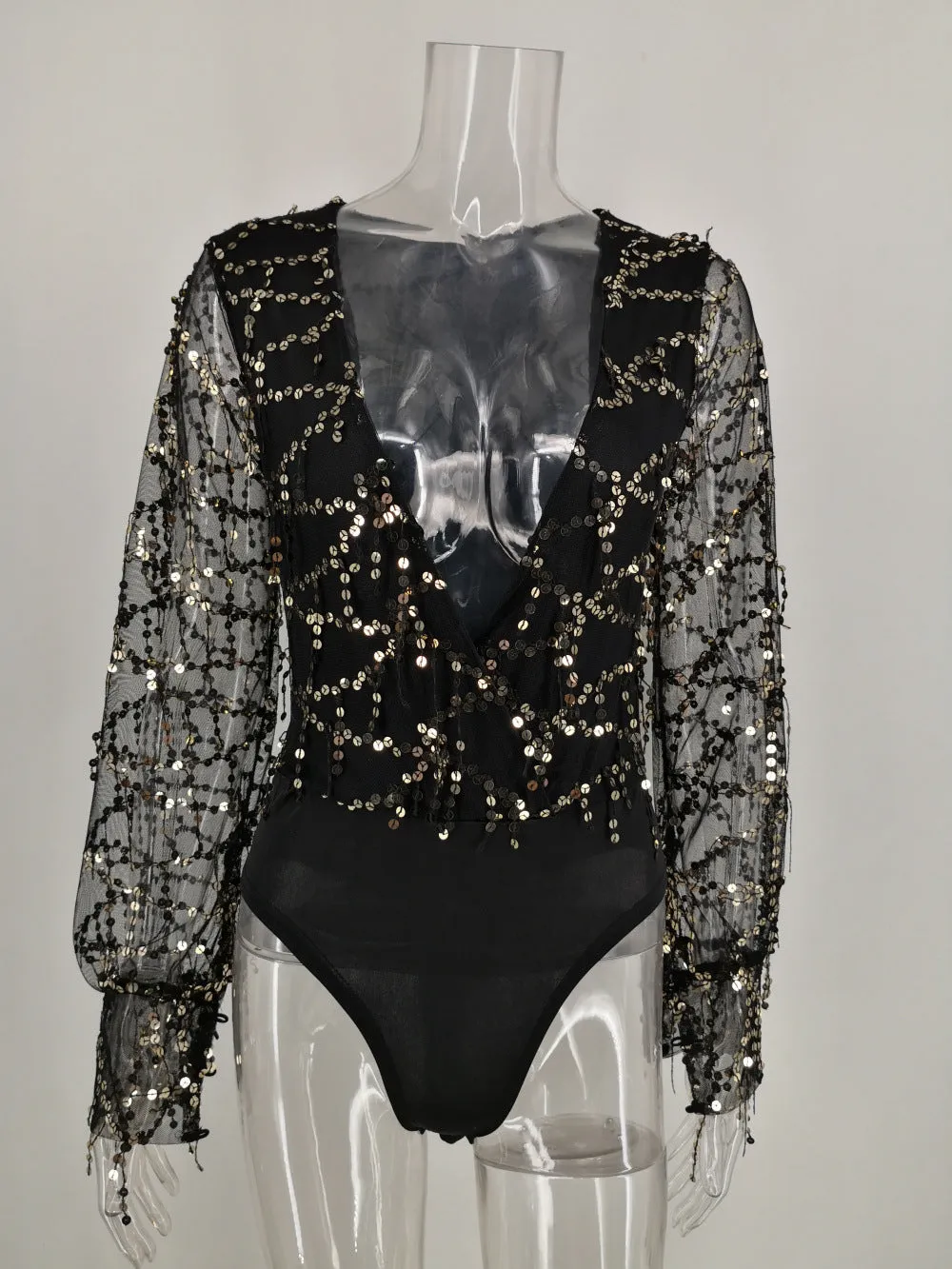 Black Deep V-neck Sequins Tassel Long Sleeve  Sexy Jumpsuit