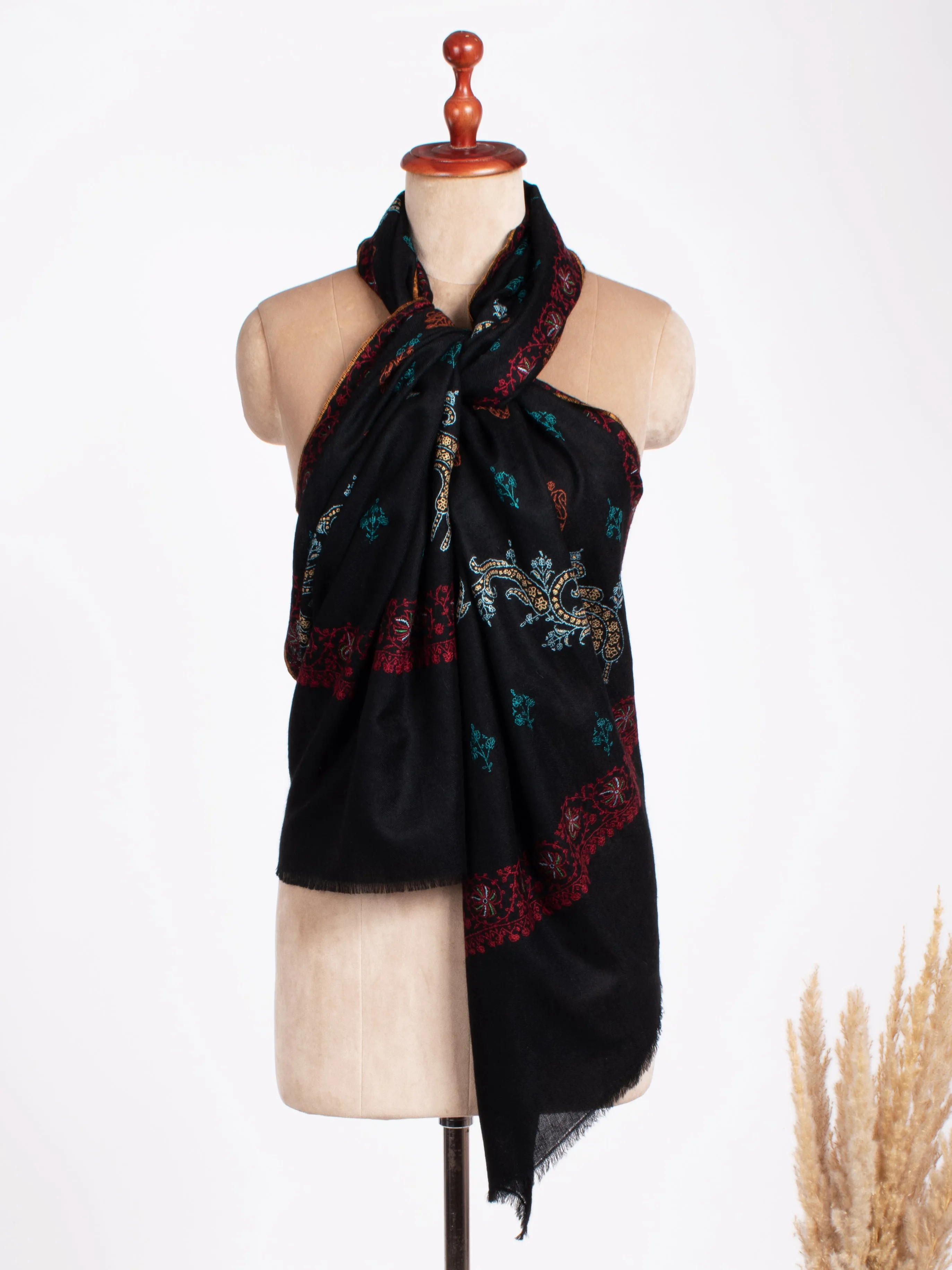 Black Pearl Hand embroidered Cashmere Scarf