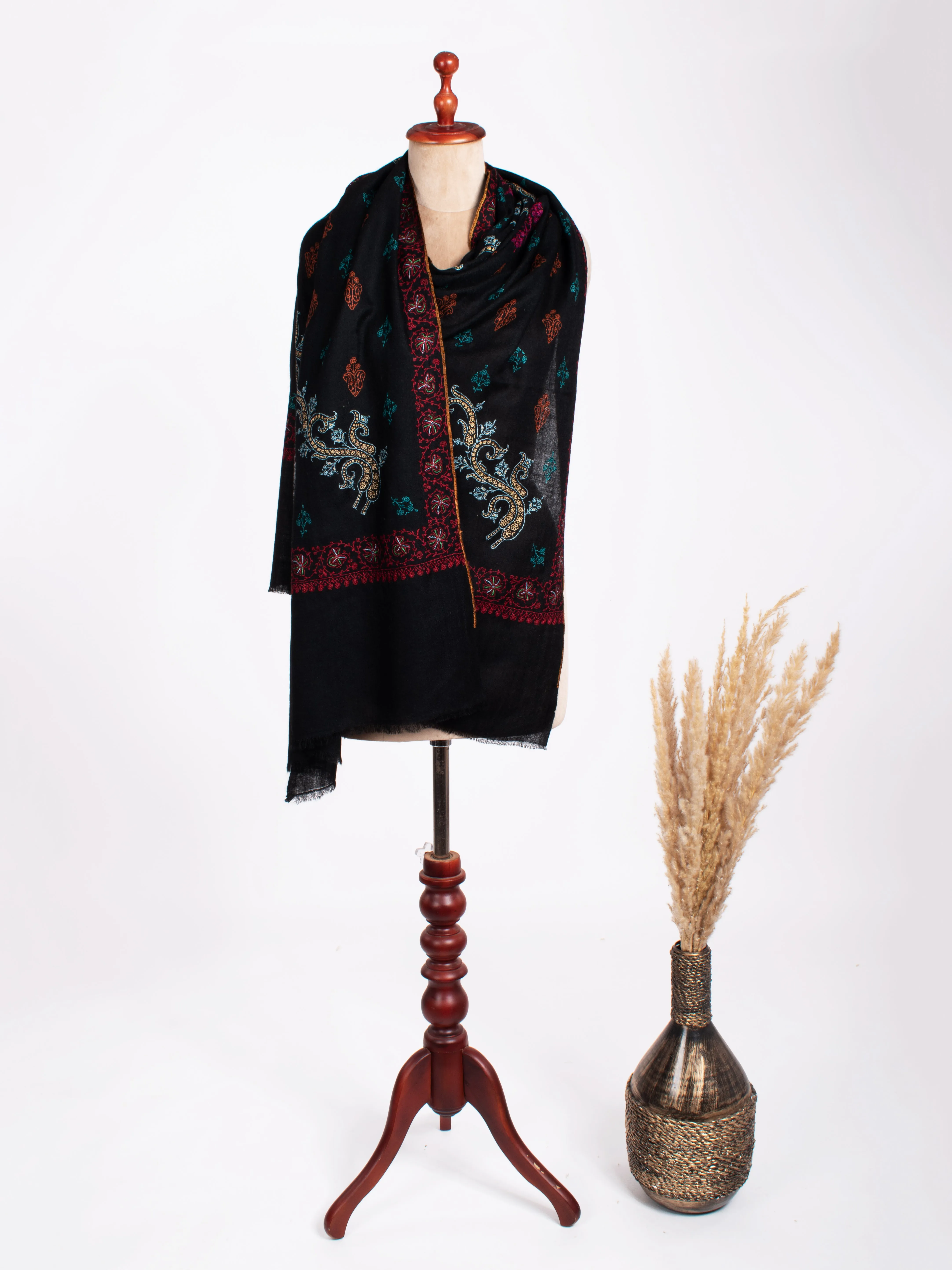 Black Pearl Hand embroidered Cashmere Scarf