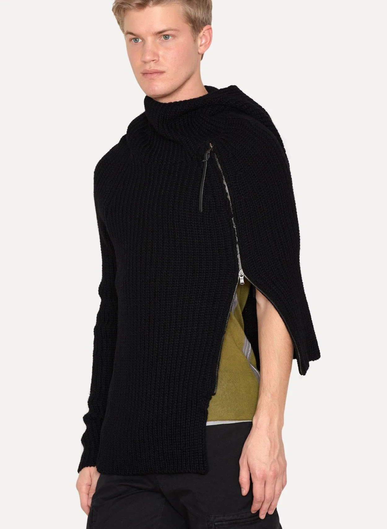 Black Wool Rib Knit Cape