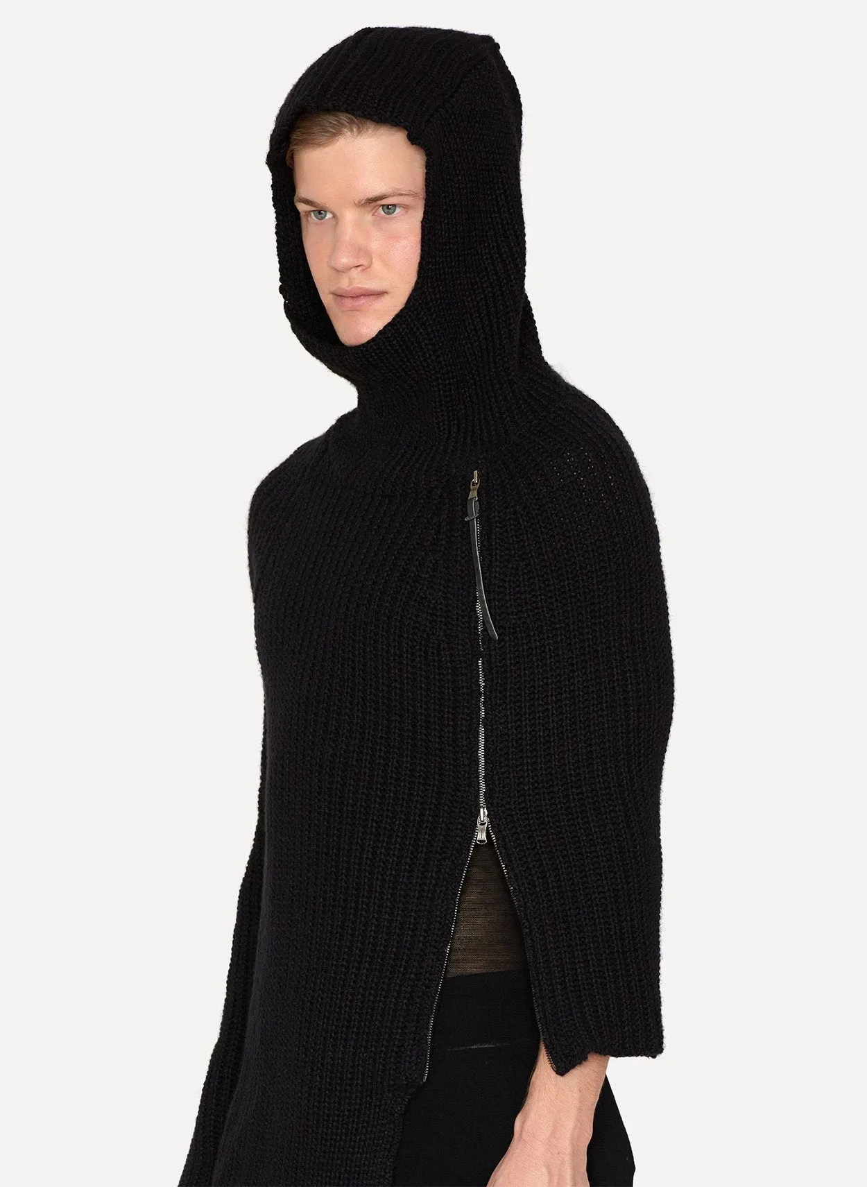 Black Wool Rib Knit Cape