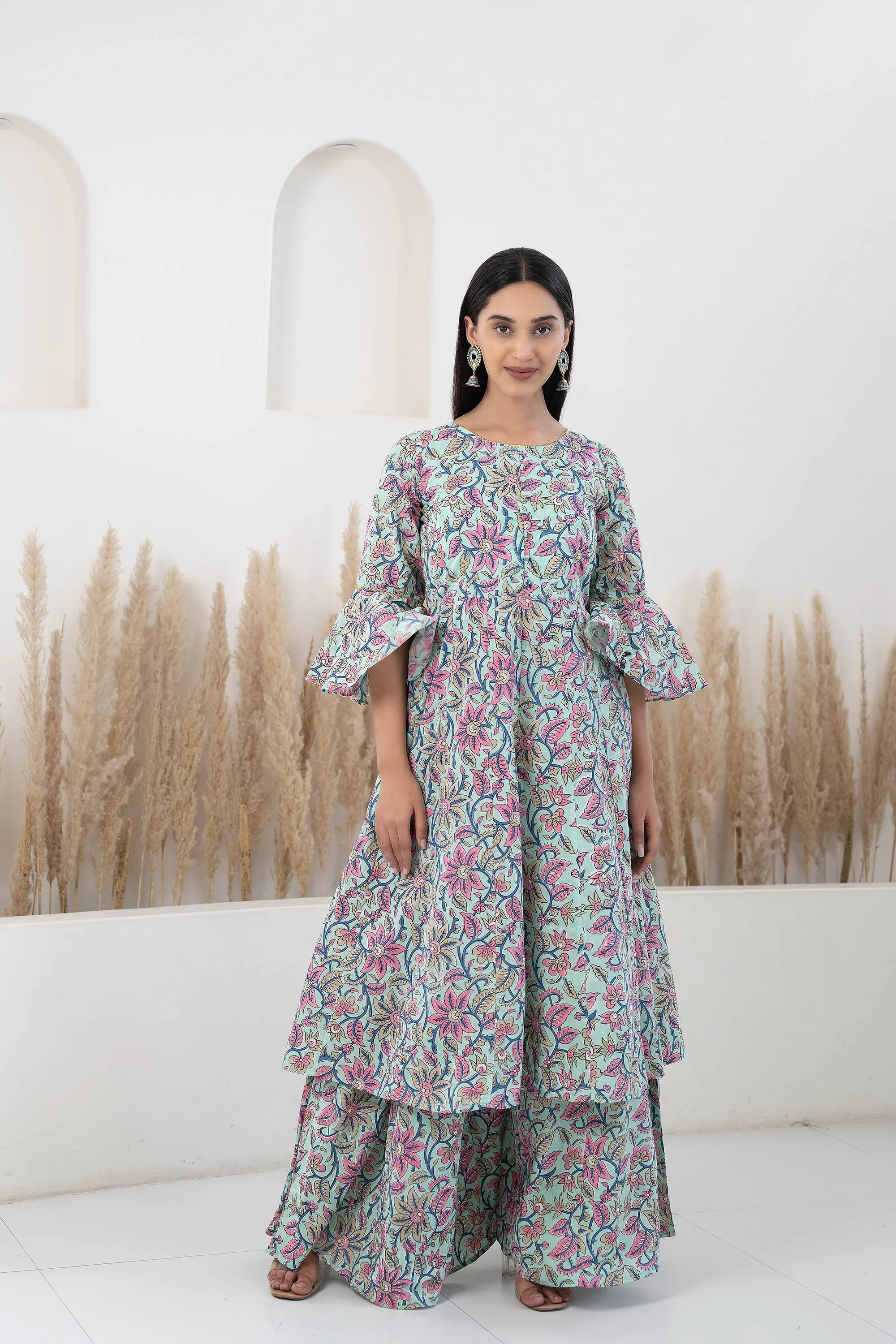 Blue Hand Block Printed Kurta Palazzo Set By Saras The Label- (2Pcs Set)