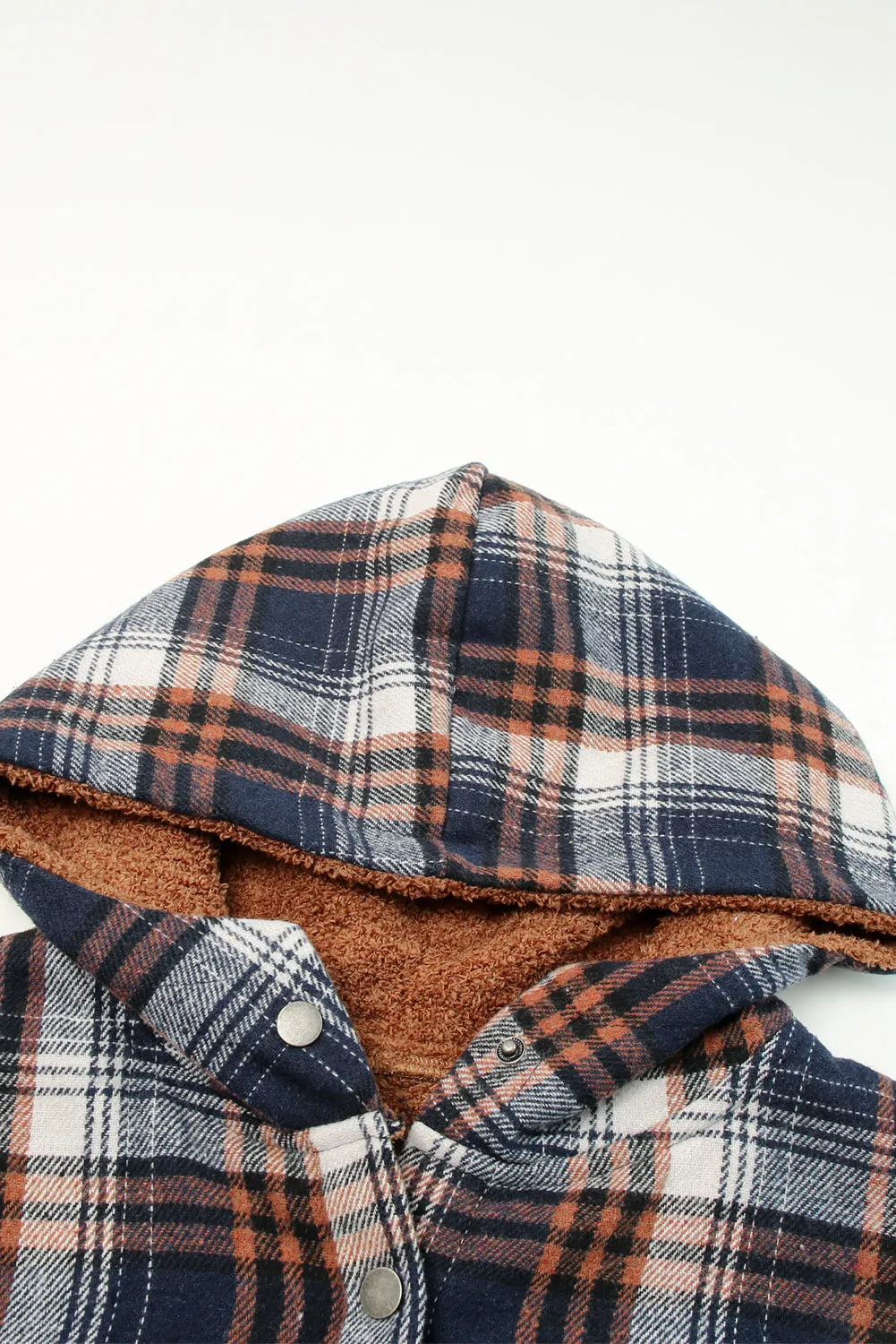 Blue Snap Button Sherpa Lined Hooded Flannel Jacket