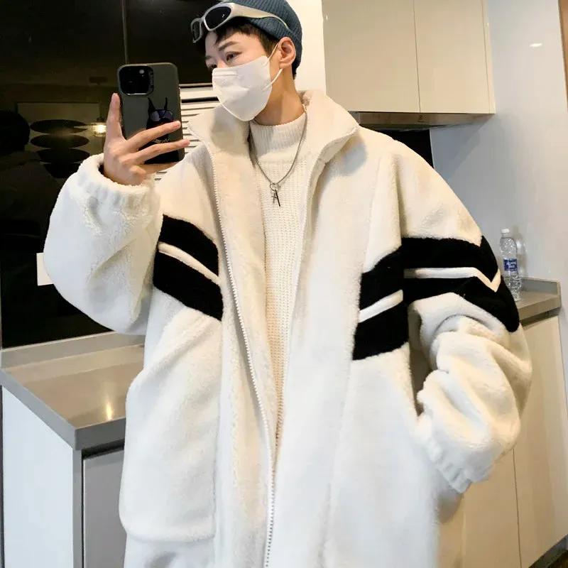 Bonsir Striped Berber Fleece Jacket Men Stand Collar Winter Parka Coat Men Casual Loose Thick Warm Jackets Man Plus Size 3XL-M