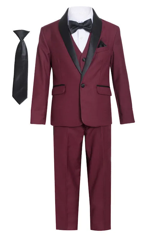 Boys' Husky Fit Shawl Collar Tuxedo Seven Pieces Set - Burgundy