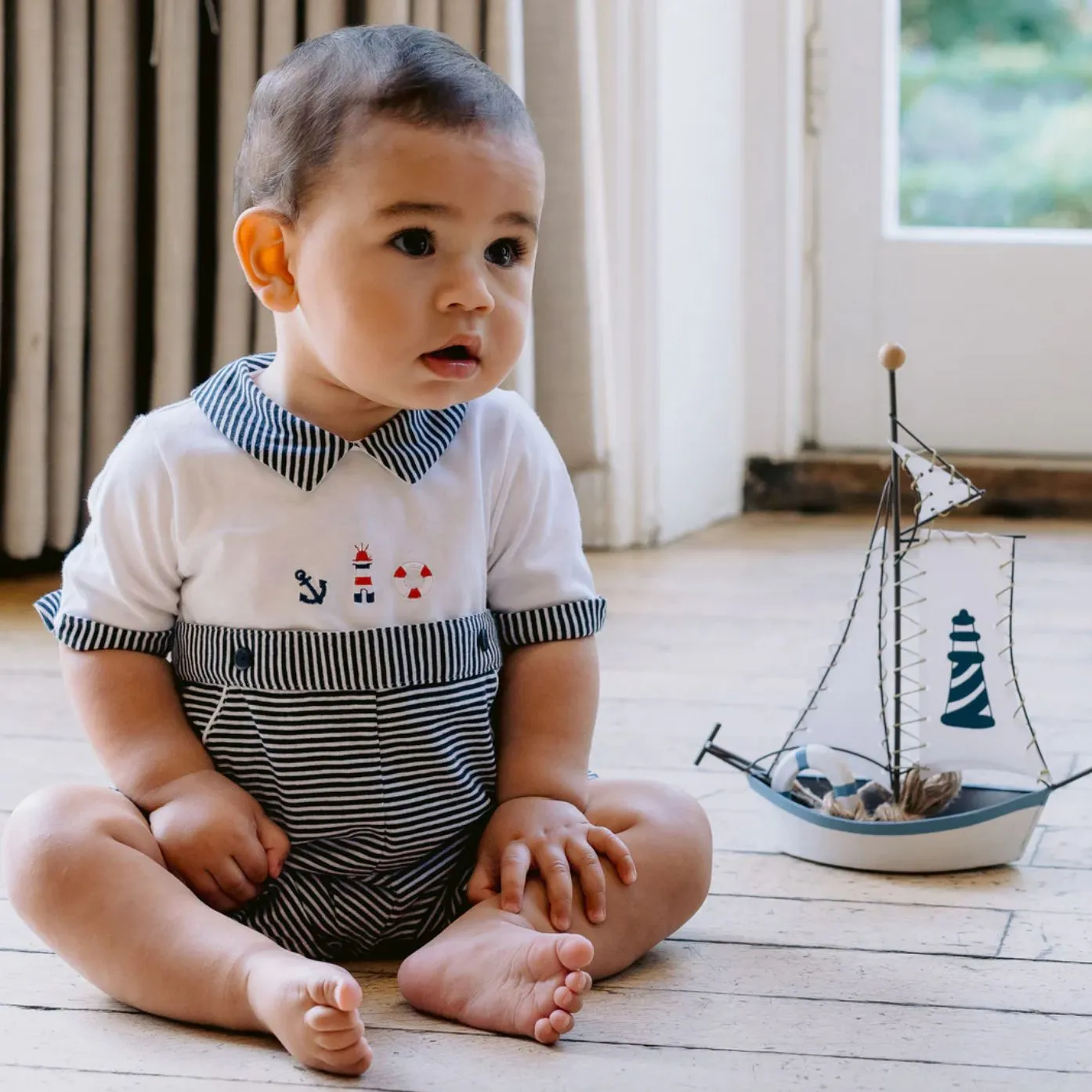 Boys Navy Knitted Nautical Romper