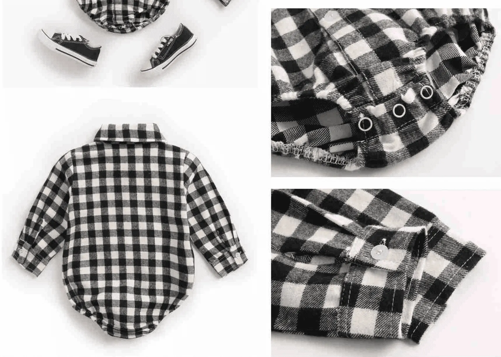 Boys Plaid Check Shirt Romper  - White & Black