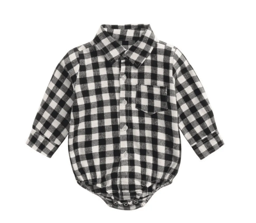 Boys Plaid Check Shirt Romper  - White & Black