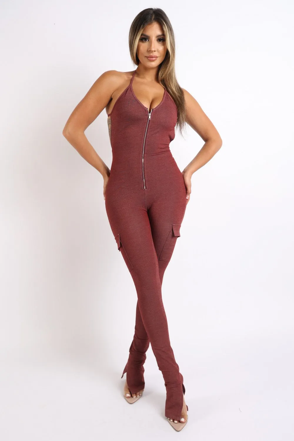 Cargo pocket halter jumpsuit