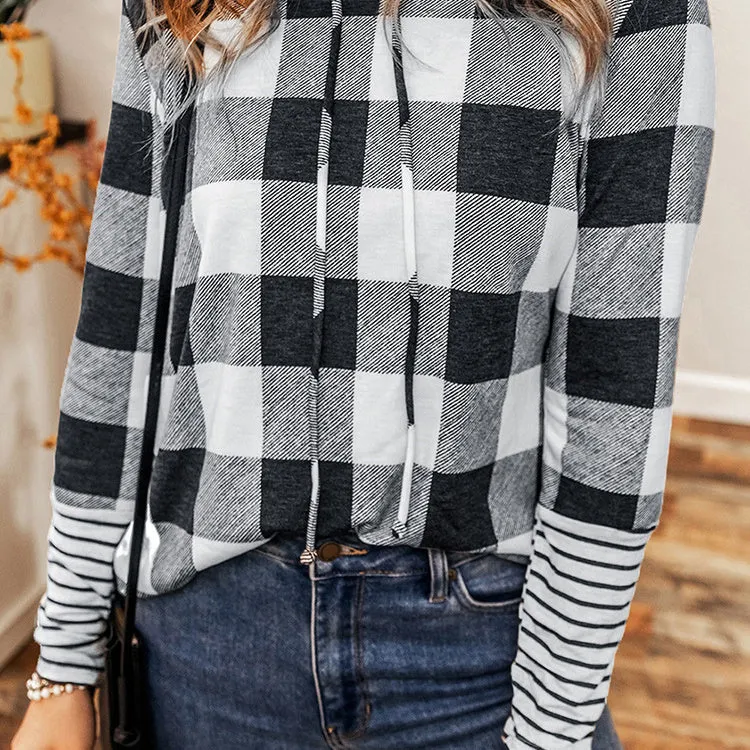 Casual Plaid Stitching Hoodie