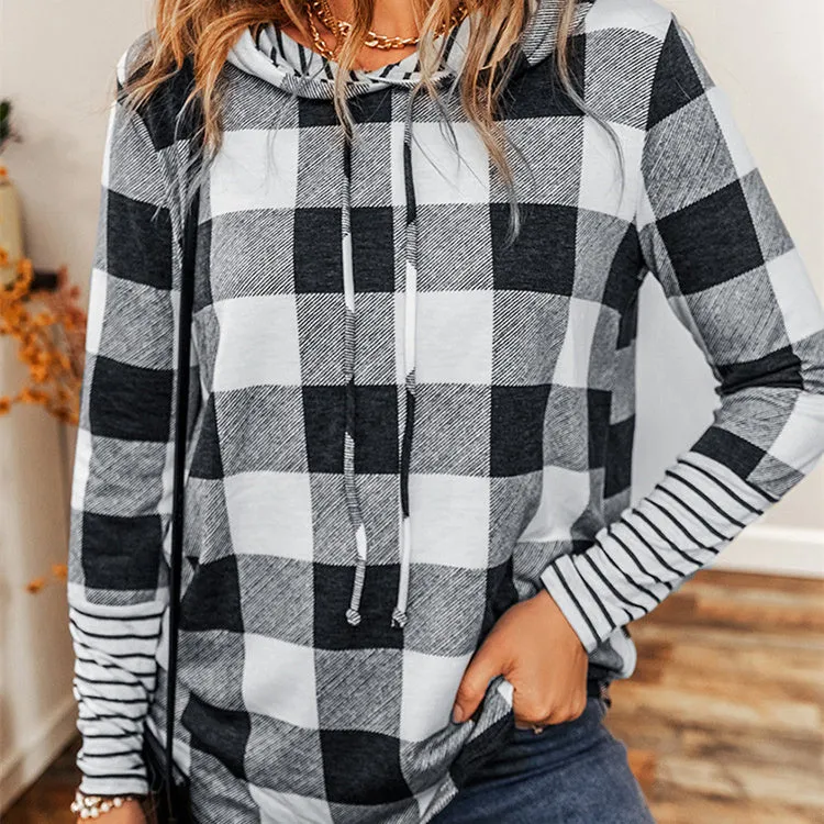 Casual Plaid Stitching Hoodie