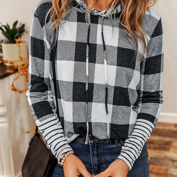 Casual Plaid Stitching Hoodie